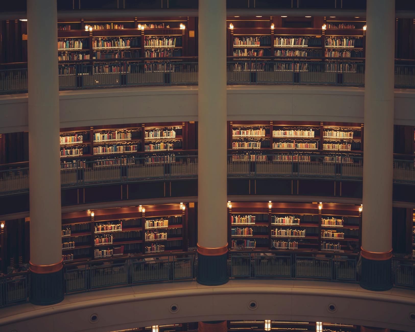 A cozy, multi-level library environment featuring warmly lit bookshelves.
